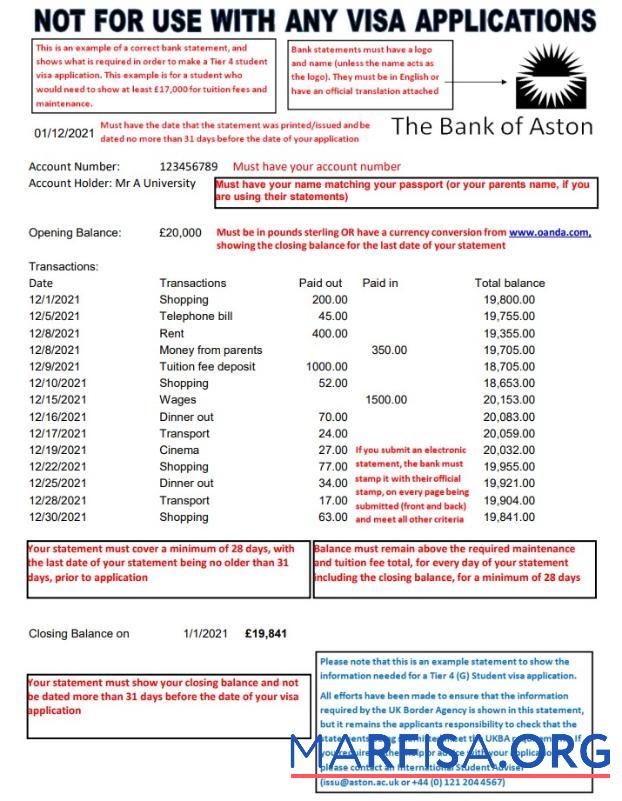 Printable United Kingdom The Bank of Aston bank statement excel template